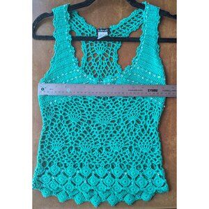 S/M Lulumari green crochet knit tank / festival top, flattering!